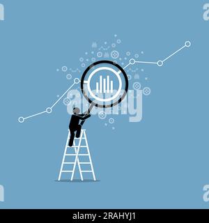 Uomo d'affari che si arrampica su una scala con una grande lente di ingrandimento che controlla il grafico dei dati finanziari e analizza l'analisi tecnica. L'illustrazione vettoriale illustra il concetto o Illustrazione Vettoriale