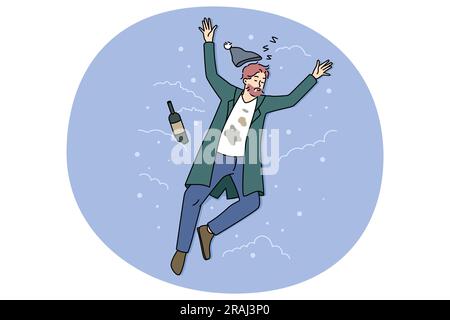Uomo senza tetto che dorme per strada sulla neve accanto alla bottiglia. Ubriaco maschio doze fuori fuori lotta all'aperto con dipendenza alcolica. Alcolismo e ubriachezza. Illustrazione vettoriale piatta. Illustrazione Vettoriale