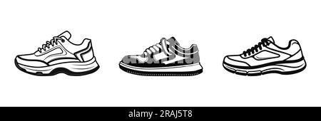 Set scarpe sportive, sneakers icona nera, design piatto su sfondo bianco Illustrazione Vettoriale