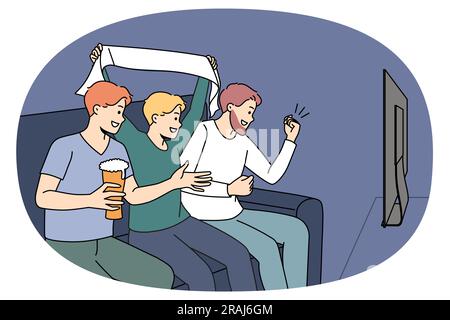 I ragazzi sorgioiati si siedono in pullman bevendo birra guardando il calcio in TV. Gli uomini felici godono di gioco di sport in televisione. Tifosi o tifosi che incoraggiano la squadra preferita. Illustrazione vettoriale. Illustrazione Vettoriale
