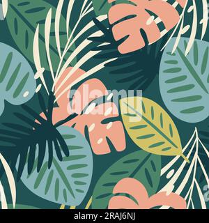 Foglie tropicali senza cuciture. Ripetere il pattern con foglie tropicali verdi astratte. Design quadrato. Illustrazione vettoriale. Illustrazione Vettoriale