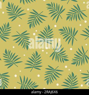 Motivo senza cuciture foglie verdi. Ripetere il pattern con le foglie di palmo isolate su sfondo verde. Design quadrato. Illustrazione vettoriale. Illustrazione Vettoriale