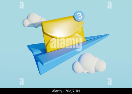 Immagine creativa di collage in 3d della notifica dei messaggi del piano cartaceo cielo nuvoloso isolato su sfondo blu Foto Stock