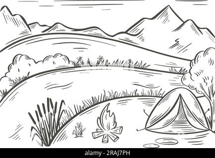 Tenda turistica vicino al fiume sullo sfondo di montagne. Campeggio, bozzetto di scarabocchi a inchiostro. Incisioni a mano per escursioni e campeggio. Paesaggio naturale disegnato a mano Illustrazione Vettoriale