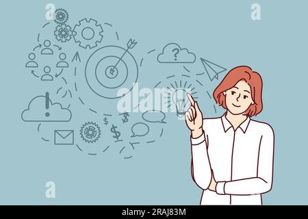 Una donna d'affari risoluta elabora una strategia per la propria azienda che si avvicina a un piano di business mentale. Donna lavoratrice in ufficio con camicia bianca che fa brainstorming pensando all'idea di business per la startup Illustrazione Vettoriale