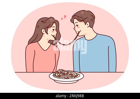 Coppia felice che ha una data romantica al ristorante mangiare pasta insieme. Uomo e donna che godono di romanticismo in caffetteria. Illustrazione vettoriale piatta. Illustrazione Vettoriale