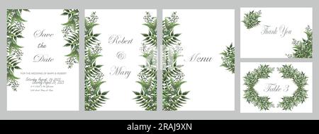 Modello floreale acquerello. Foglie di verde e rami. Elemento di design per l'invito di nozze e biglietto di auguri. Foto Stock