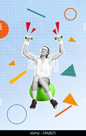 Immagine collage verticale di colori bianco e nero Guy SIT fitness ball lotta sollevamento manubri pressa isolati su sfondo blu dipinto Foto Stock