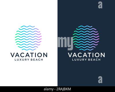 Design con logo di linea di lusso con forma semplice e moderna di onda di acqua di mare in un cerchio Illustrazione Vettoriale