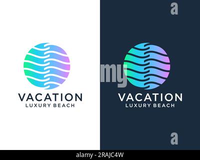 Design con logo di linea di lusso con forma semplice e moderna di onda di acqua di mare in un cerchio Illustrazione Vettoriale