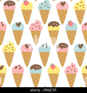 Simpatici coni gelato motivo senza cuciture con diversi condimenti e decorazioni dolci. Design con ripetizione quadrata. Illustrazione vettoriale. Illustrazione Vettoriale