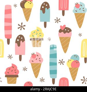 Gelato, coni e ghiaccioli senza cuciture. Squisito modello di gelato isolato isolato su sfondo bianco. Design con ripetizione quadrata. Vettore i Illustrazione Vettoriale