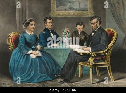 Abraham Lincoln a casa con la sua famiglia, Abraham Lincoln (dal 12 febbraio 1809 al 15 aprile 1865) fu il XVI presidente degli Stati Uniti d'America dal 1861 al 1865, riproduzione storica, restaurata digitalmente da un originale del XIX secolo. Abraham Lincoln zu Hause bei Seiner Familie, Abraham Lincoln (12 febbraio 1809 bis 15. Aprile 1865) amtierte von 1861 bis 1865 als 16. Präsident der Vereinigten Staaten von Amerika, Historisch, digital restaurierte Reproduktion von einer Vorlage aus dem 19. Jahrhundert Foto Stock