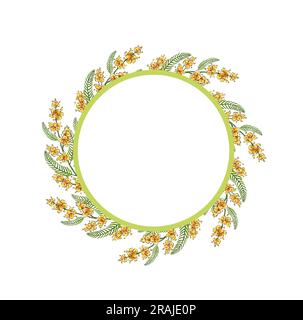 Acquerello illustrazione di fiori di mimosa giallo primavera. Bella cornice rotonda di mimosa acquerello. Modello floreale per l'invito al matrimonio, buono regalo Foto Stock