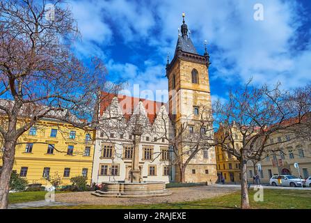 Piazza Carlo con la fontana in pietra e la colonna della peste contro l'edificio del Municipio nuovo con l'alta torre in pietra, Praga, Cechia Foto Stock