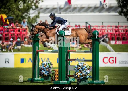 Kyle Timm, canadese, gareggia nel Rolex Pan American Grand Prix a Spruce Meadows a Calgary, Canada, il 1 luglio 2023. Foto Stock