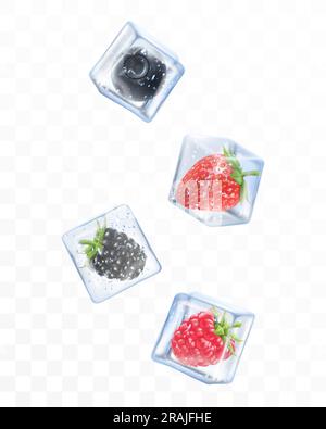 Lamponi, more, fragole e ribes nero in cubetti di ghiaccio che cadono isolati su fondo trasparente. Frutti di bosco surgelati, realistici 3d V Illustrazione Vettoriale