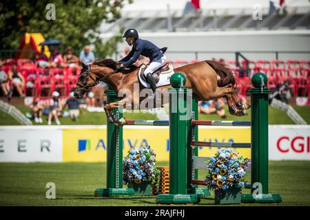 Kyle Timm, canadese, gareggia nel Rolex Pan American Grand Prix a Spruce Meadows a Calgary, Canada, il 1 luglio 2023. Foto Stock