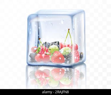 Bacche mature fresche di ribes, lamponi, ciliegie, mirtilli, more, fragole, uva spina in grossi cubetti di ghiaccio isolati su trasparente. Illustrazione Vettoriale