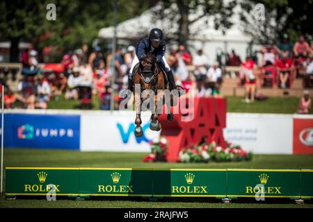 Kyle Timm, canadese, gareggia nel Rolex Pan American Grand Prix a Spruce Meadows a Calgary, Canada, il 1 luglio 2023. Foto Stock