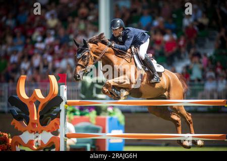 Kyle Timm, canadese, gareggia nel Rolex Pan American Grand Prix a Spruce Meadows a Calgary, Canada, il 1 luglio 2023. Foto Stock