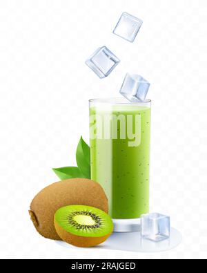 Cocktail Kiwi. Frullato di frutta o yogurt. Bevanda rinfrescante estiva con cubetti di ghiaccio e kiwi. Kiwi Juice, limonata. Illustrazione vettoriale 3D realistica Illustrazione Vettoriale