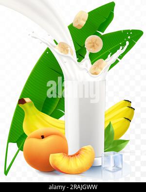 Yogurt alla banana- pesca, frullato o cocktail con latte. Yogurt a più frutta rinfrescante in estate con cubetti di ghiaccio. Illustrazione vettoriale 3D realistica Illustrazione Vettoriale