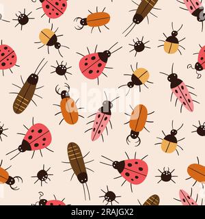 Piccoli bug senza cuciture. Piccoli e graziosi insetti ripetono il pattern isolato su sfondo color crema. Design quadrato. Illustrazione vettoriale. Illustrazione Vettoriale