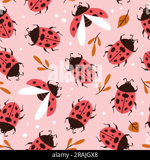 Modello senza cuciture Ladybug. Simpatici ladybugs ripetono il pattern isolato su sfondo rosa. Design quadrato. Illustrazione vettoriale. Illustrazione Vettoriale