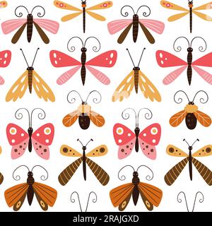 Farfalle astratte e insetti volanti modello senza cuciture. Ripeti il pattern con insetti volanti isolati su sfondo bianco. Design quadrato. Illustrazione vettoriale Illustrazione Vettoriale