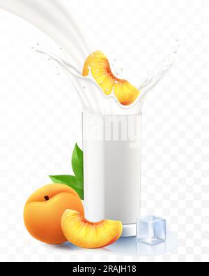Pesca che cade in un bicchiere di latte o yogurt. Spruzzi di latte dolce. Banner pubblicitario per frullati di frutta, getti di yogurt, gocce volanti, bevanda bianca in cu di vetro Illustrazione Vettoriale