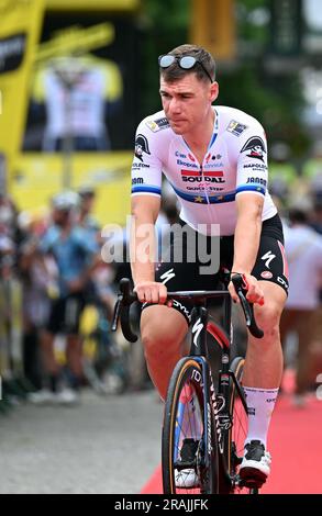 Dax, Francia. 4 luglio 2023. L'olandese Fabio Jakobsen di Soudal Quick-Step raffigurato all'inizio della quarta tappa del Tour de France, una corsa di 181 km da Dax a Nogaro, Francia, martedì 04 luglio 2023. Il Tour de France di quest'anno si svolge dal 1° al 23 luglio 2023. BELGA PHOTO JASPER JACOBS Credit: Belga News Agency/Alamy Live News Foto Stock