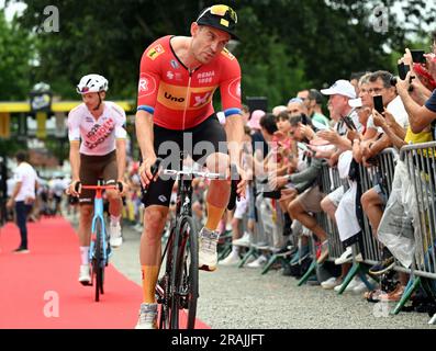 Dax, Francia. 4 luglio 2023. Il norvegese Alexander Kristoff di uno-X Pro Cycling Team riders nella foto al via della quarta tappa del Tour de France, una gara di 181 km da Dax a Nogaro, Francia, martedì 04 luglio 2023. Il Tour de France di quest'anno si svolge dal 1° al 23 luglio 2023. BELGA PHOTO JASPER JACOBS Credit: Belga News Agency/Alamy Live News Foto Stock