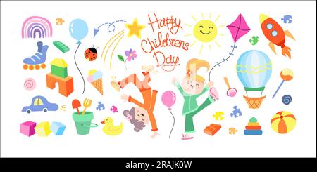 Buon giorno per i bambini. Colorata collezione di icone con bambini, giocattoli e scritte. Illustrazione Vettoriale