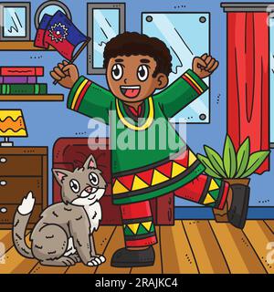 Juneteenth African American Boy and Flag Colored Illustrazione Vettoriale