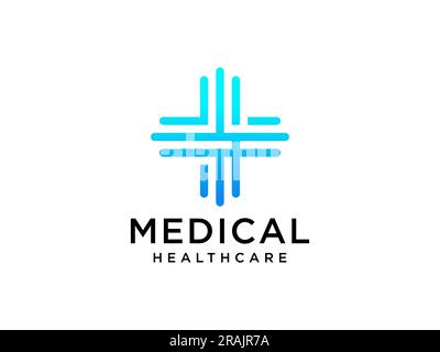 Logo sanitario moderno. Icona di salute con simbolo a croce arrotondato lineare di forma blu stile infinito isolato su sfondo bianco. Des. Logo Flat Vector Illustrazione Vettoriale