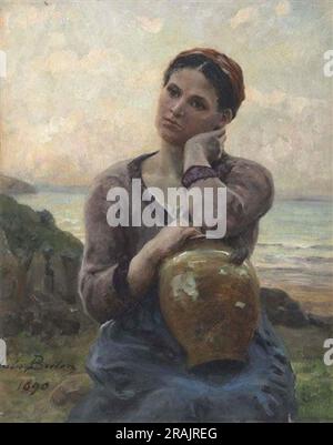 Young Peasant Girl with a Jules Breton Jug on a Sea background 1890 Foto Stock