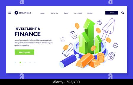 Concetto di crescita aziendale, investimenti e analisi finanziarie. Lente d'ingrandimento con frecce crescenti e barre d'oro isolate su sfondo bianco. 3d vettoriale Illustrazione Vettoriale