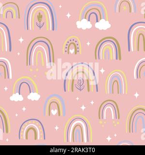 Grazioso motivo boho arcobaleno senza cuciture. Ripetizione cielo con arcobaleni e nuvole. Sfondo rosa. Decorazione del vivaio. Illustrazione vettoriale. Illustrazione Vettoriale