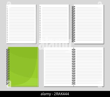 Set notebook Vector Spiral, raccolta di 5 illustrazioni ritagliate di varie pagine vuote con righe, gruppo di note su carta con rilegatura aperta e chiusa Illustrazione Vettoriale