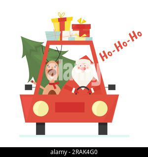 Grazioso Babbo Natale con il suo cervo che guida un'auto che consegna l'albero di natale e regali. Illustrazione vettoriale piatta per design, biglietti d'auguri. Illustrazione Vettoriale