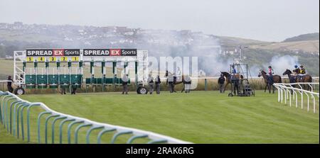 Brighton, Regno Unito. 14 luglio 2023. Una visione generale mentre corridori e piloti si preparano ad entrare in platea prima dell'At the Races App Market Movers handicap Credit: James Boardman/Alamy Live News Foto Stock