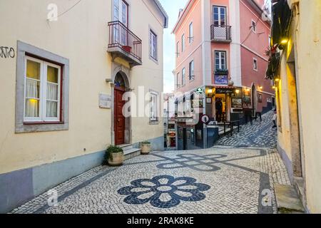 Gli edifici dai colori pastello e i sentieri pedonali di ciottoli del centro storico di Sintra, Portogallo. I palazzi romantici e fiabeschi attirano turisti da tutto il mondo. Foto Stock