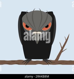 Bellissimo uccello corvo nero dei cartoni animati seduto su un ramo di albero. Illustrazione vettoriale, disegno e clipart. Illustrazione Vettoriale