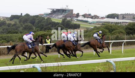 Brighton, Regno Unito. 14 luglio 2023. Una visione generale dei corridori e dei piloti che si muovono lungo il percorso durante il download dell'app handicap At the Races all'ippodromo di Brighton. Crediti: James Boardman/Alamy Live News Foto Stock