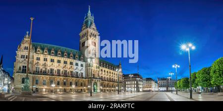 Amburgo Germania, panorama notturno dello skyline della città in Piazza del Municipio di Rathaus Foto Stock