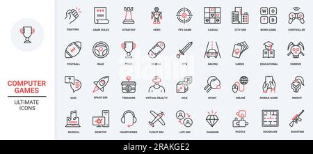 La tecnologia di gioco per computer e telefoni cellulari, le icone rosse e nere a linea sottile, alla moda, rappresentano un'illustrazione vettoriale. Realtà virtuale, sport arcade, istruzione, strategia videogame desktop per giocare Illustrazione Vettoriale