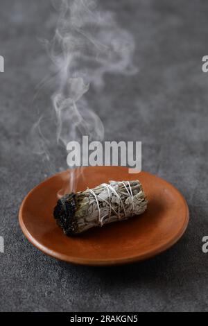 bastone bianco per macchie di salvia per meditazione, guarigione e pulizia spirituale della stanza Foto Stock