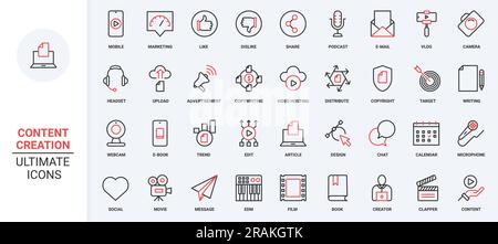 Creazione di contenuti icone rosse nere sottili di tendenza per un'illustrazione vettoriale. Marketing digitale, storytelling sui social media, brevetto online per la protezione degli autori e dei testi originali, design creativo di blog. Illustrazione Vettoriale