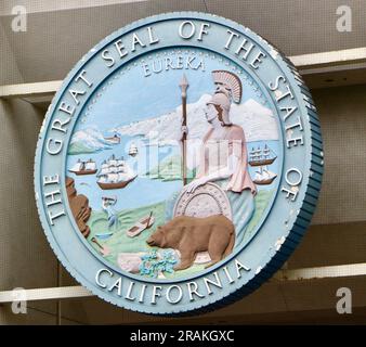 Great Seal of the State of California Minerva/Athena Goddess Eureka motto California Public Utilities Commission building San Francisco California USA Foto Stock